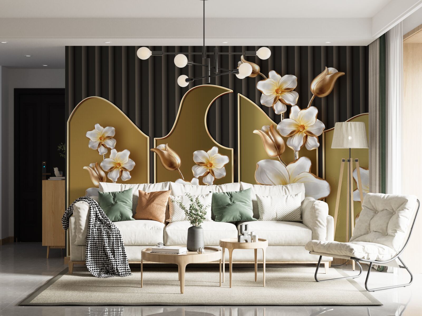 Papier peint Jacinthes blanches sur fond d'or