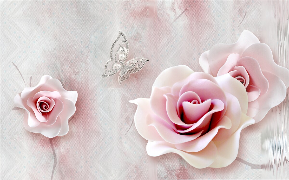 Papier peint papillons et boutons de rose