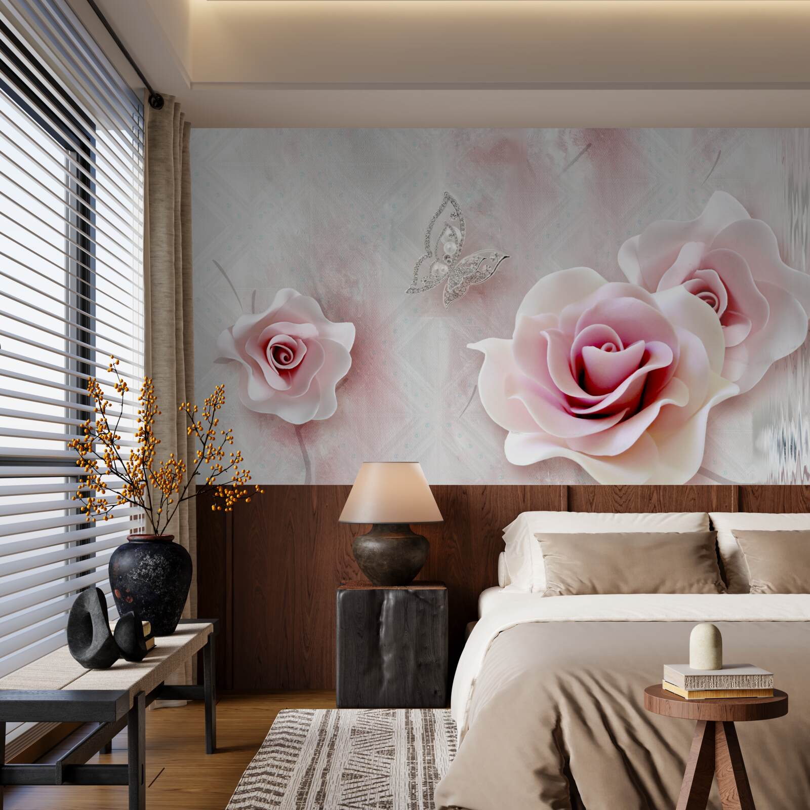 Papier peint papillons et boutons de rose