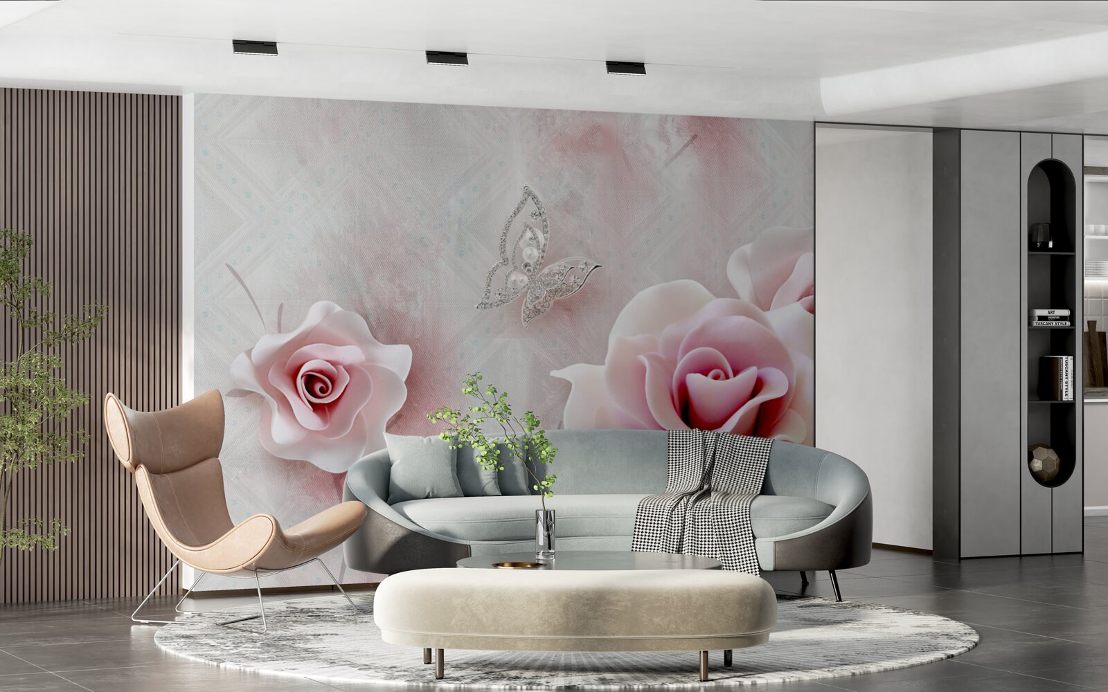Papier peint papillons et boutons de rose
