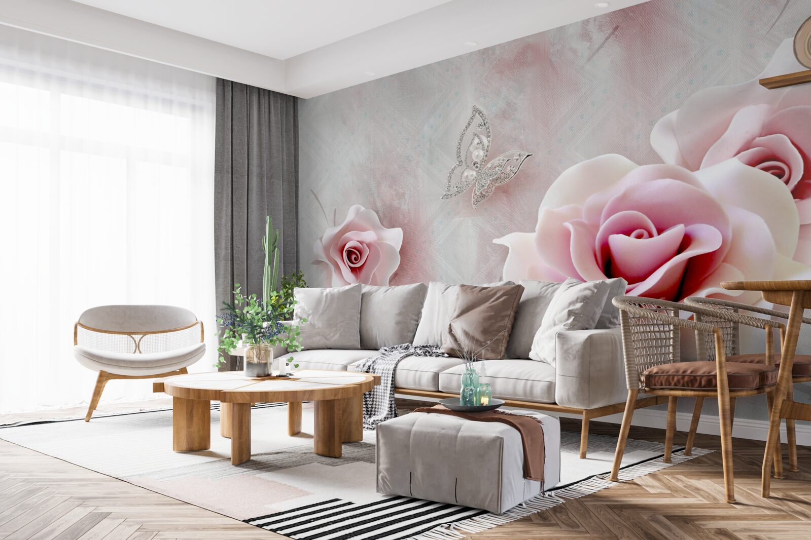 Papier peint papillons et boutons de rose