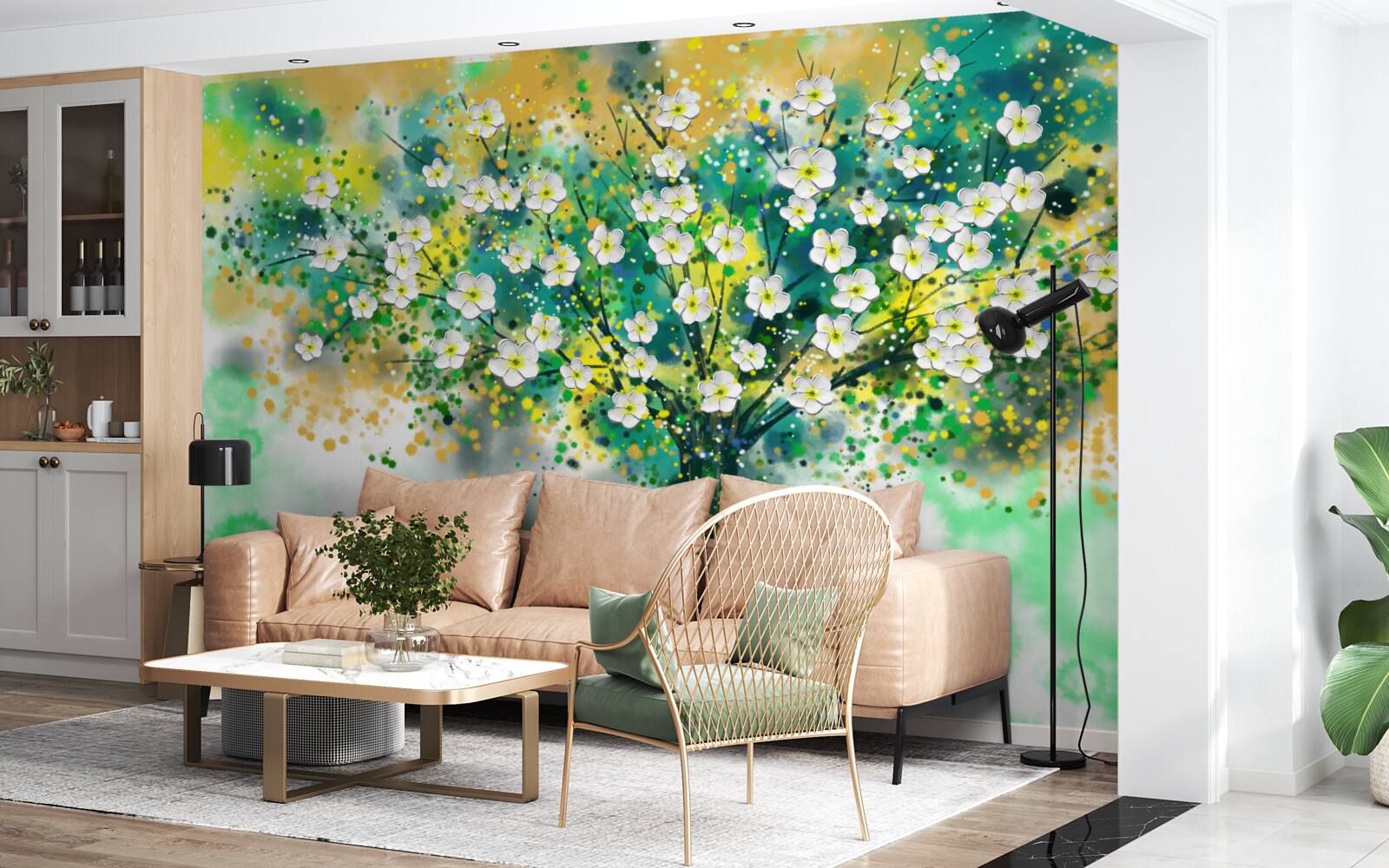 Papier peint fleurs de différentes teintes sur un arbre à fleurs