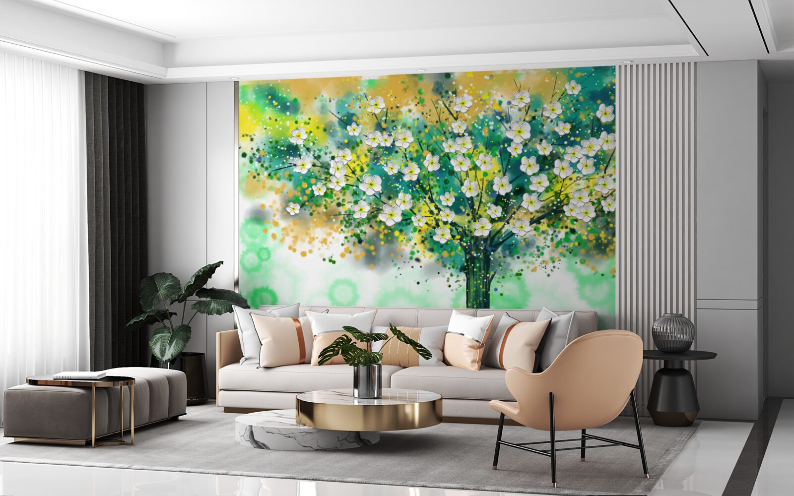 Papier peint fleurs de différentes teintes sur un arbre à fleurs