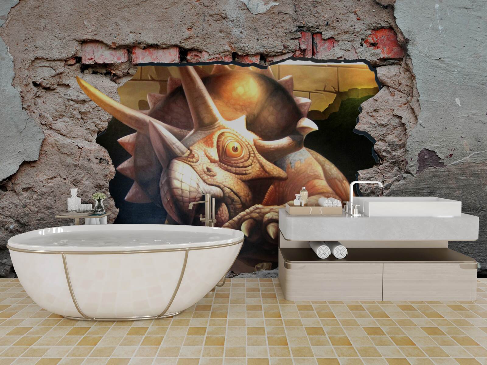 Papier peint Le dinosaure surmonte l'obstacle d'un mur de pierre