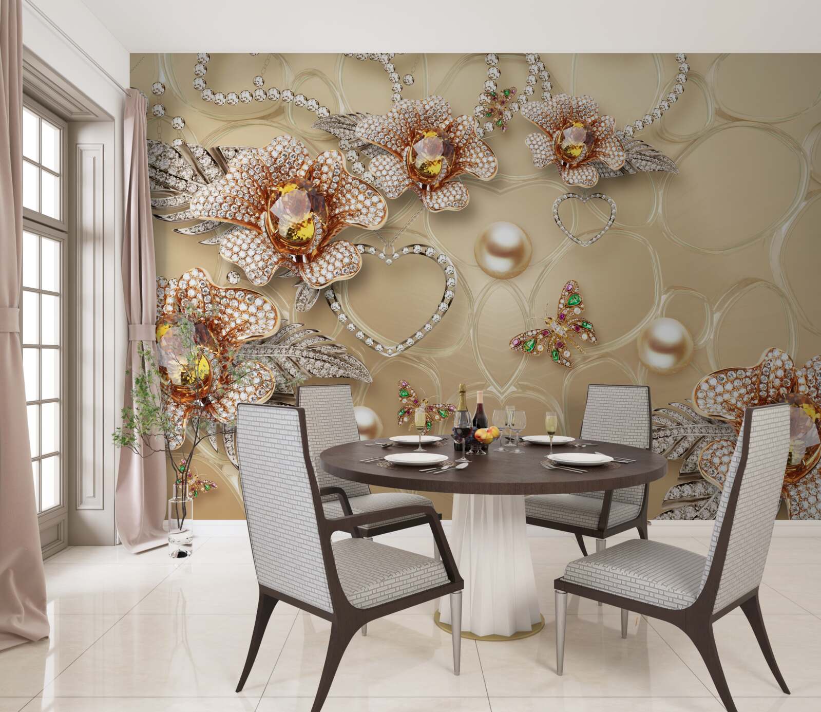 Papier peint fleurs blanches avec des éléments en perles dorées et des images de papillons