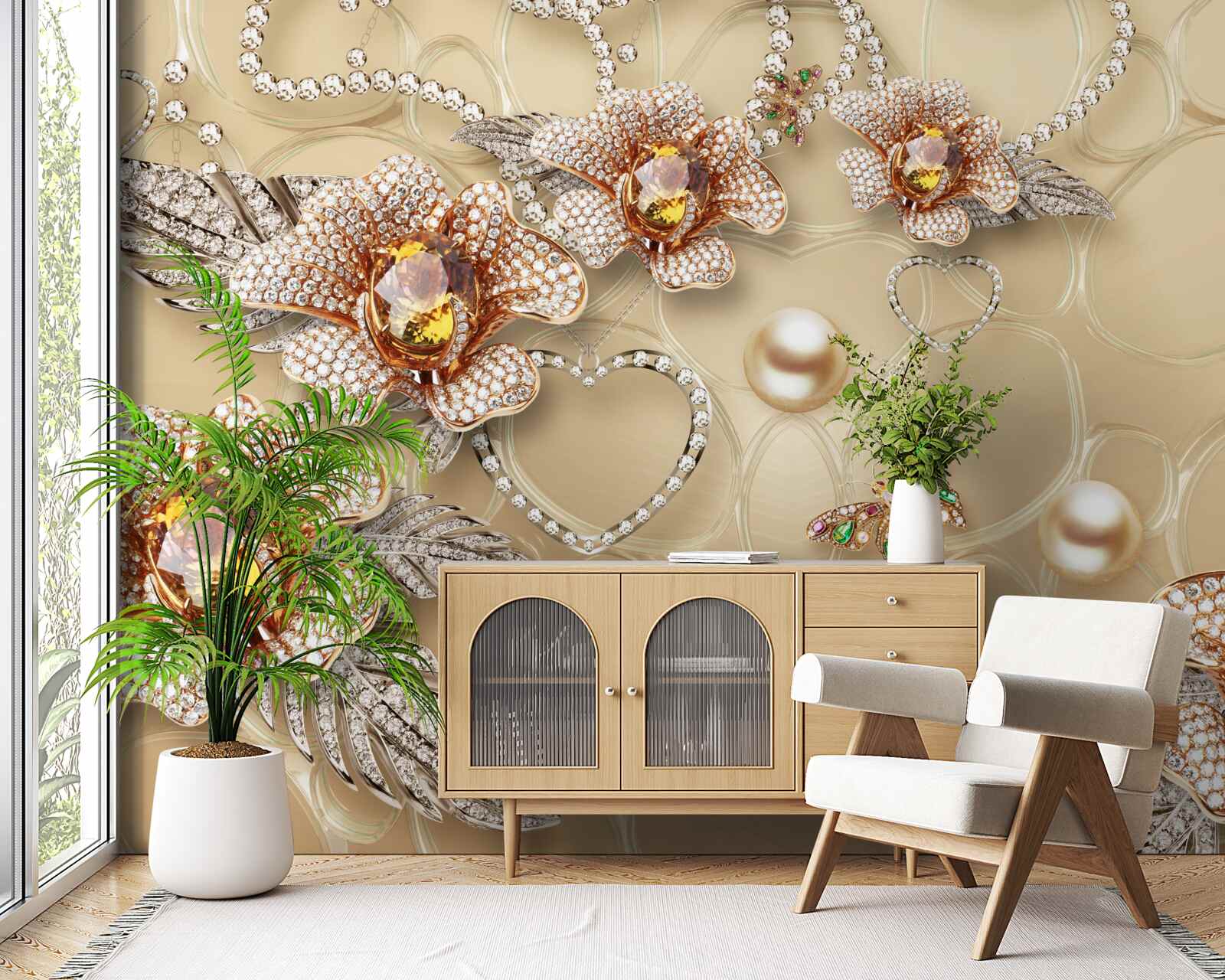 Papier peint fleurs blanches avec des éléments en perles dorées et des images de papillons