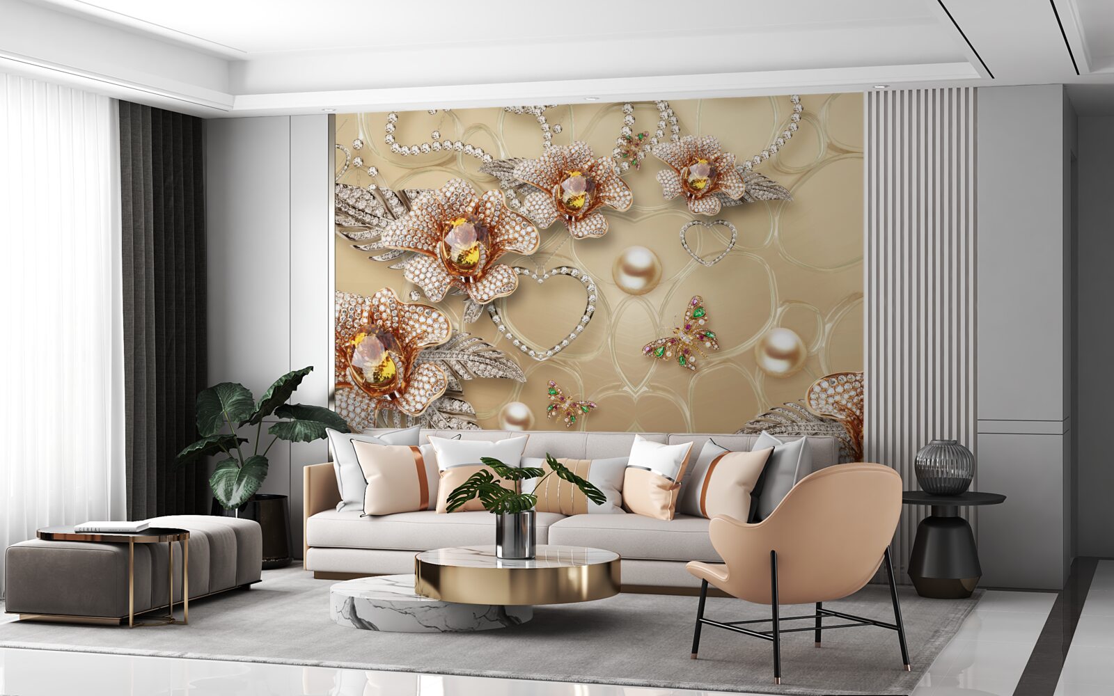 Papier peint fleurs blanches avec des éléments en perles dorées et des images de papillons