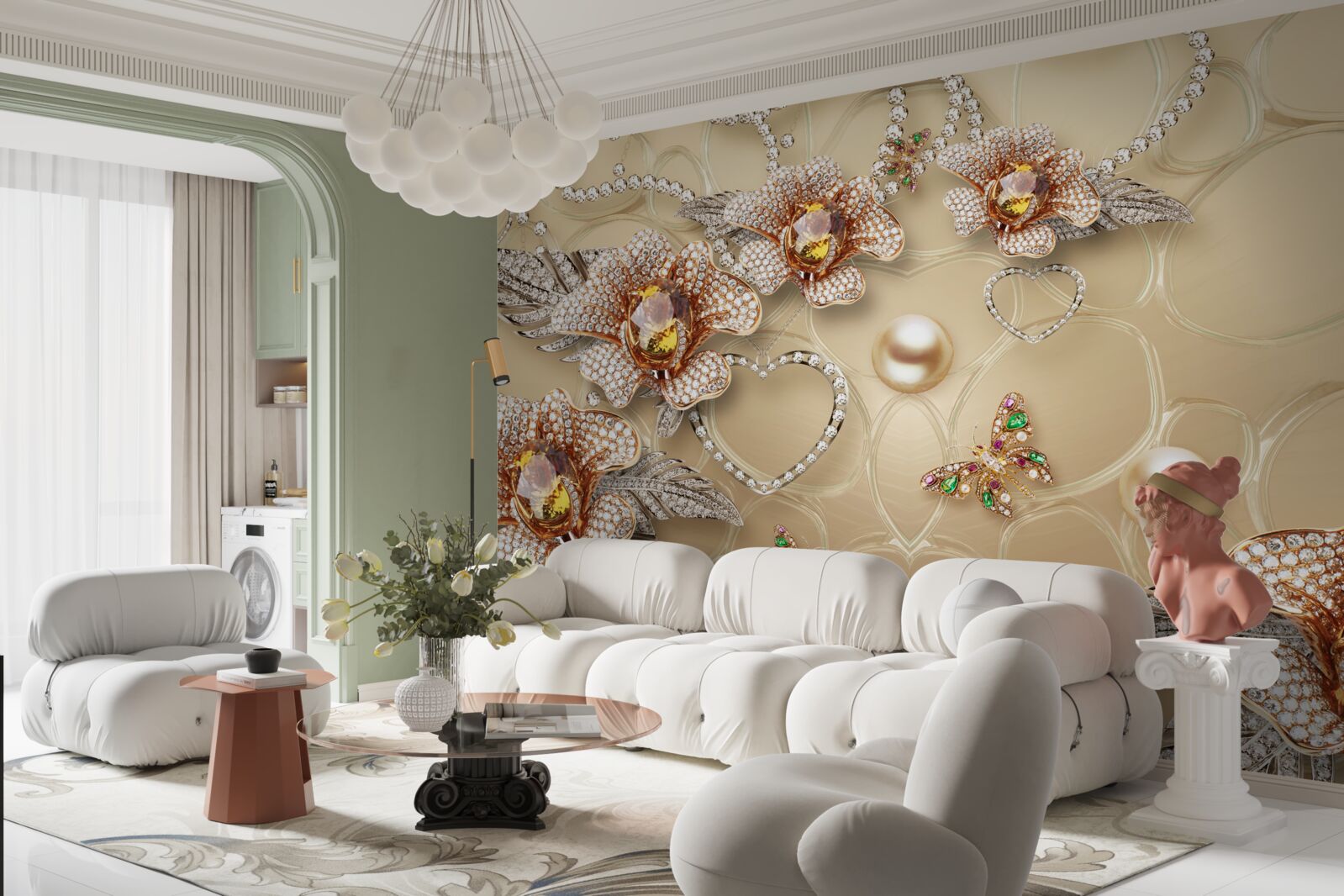 Papier peint fleurs blanches avec des éléments en perles dorées et des images de papillons