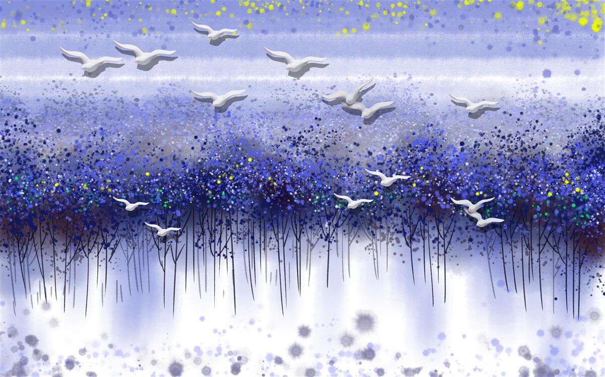 Papier peint une grappe d'oiseaux dans le ciel au-dessus de la forêt et du lac, plongés dans le crépuscule