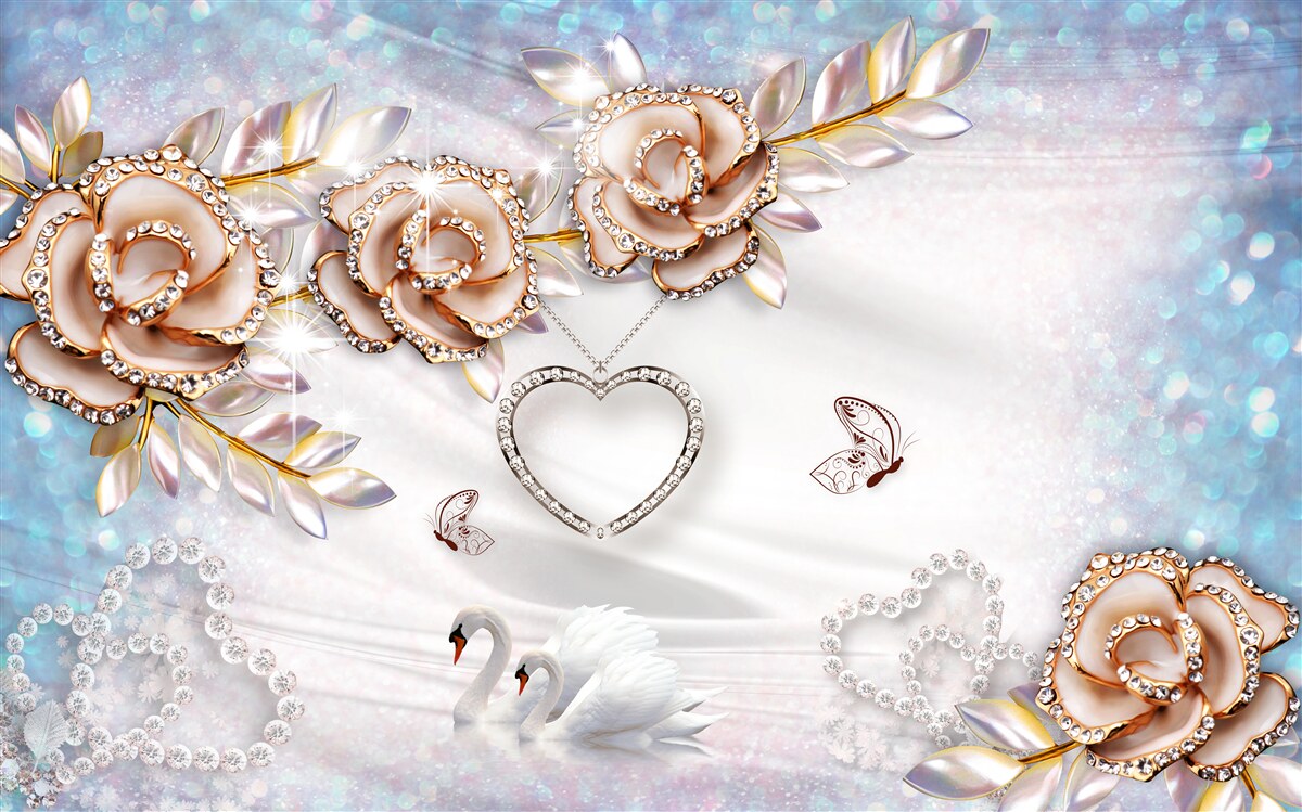 Papier peint des branches de fleurs scintillantes d'or et des cygnes blancs comme la neige