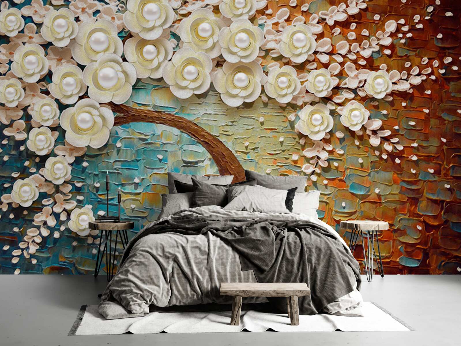 Papier peint arbre aux fleurs blanc perle