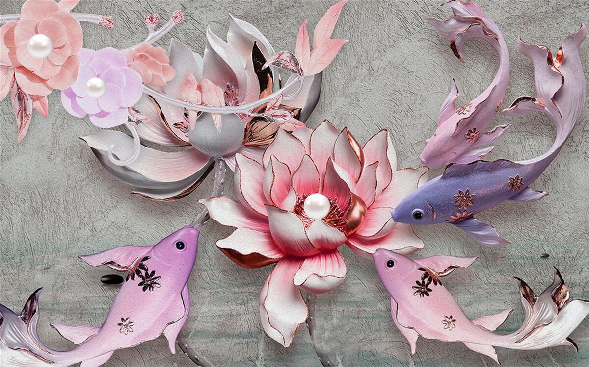 Papier peint scène de lac avec lotus et poissons