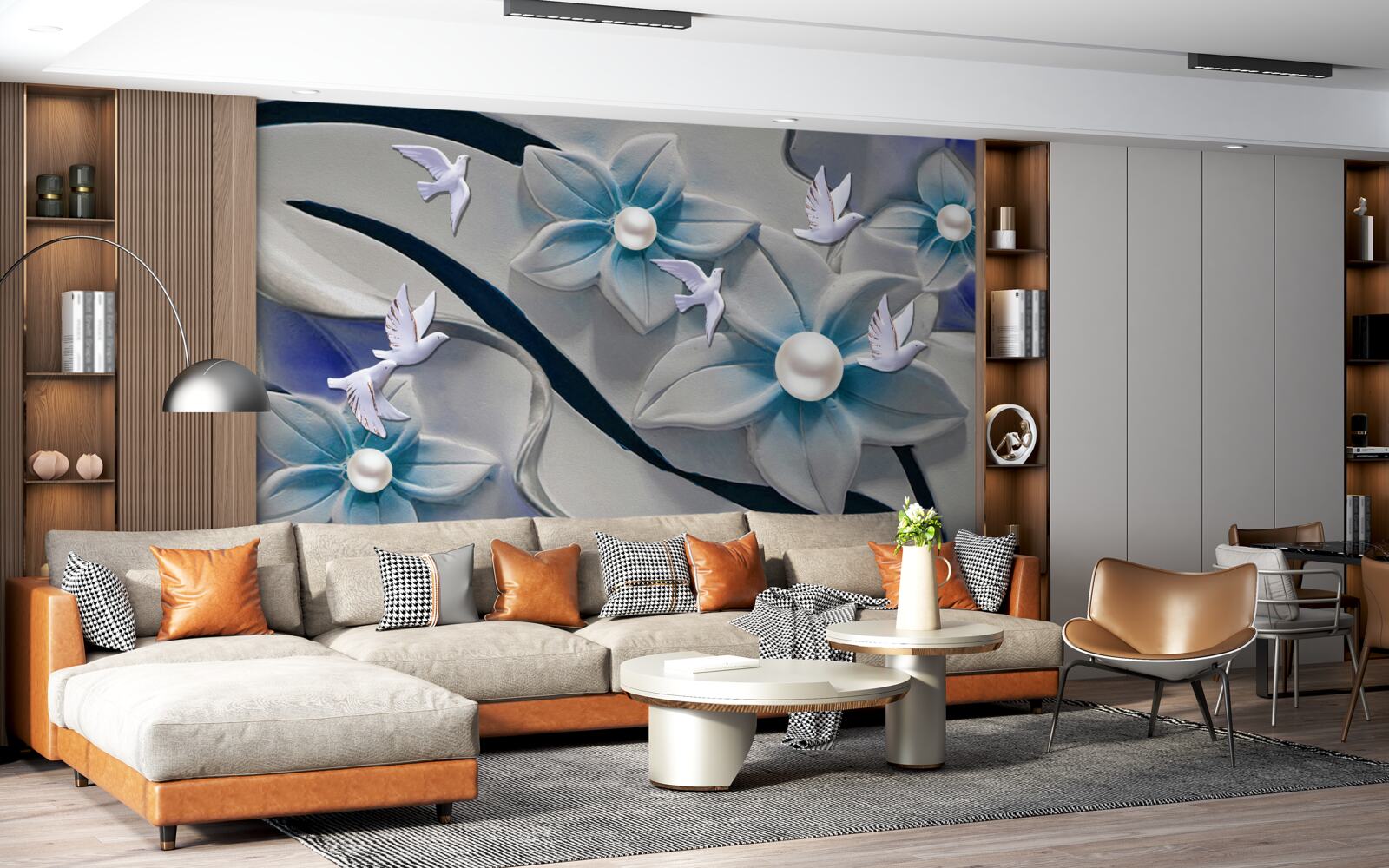 Papier peint fleurs blanches avec perles, décorées de papillons