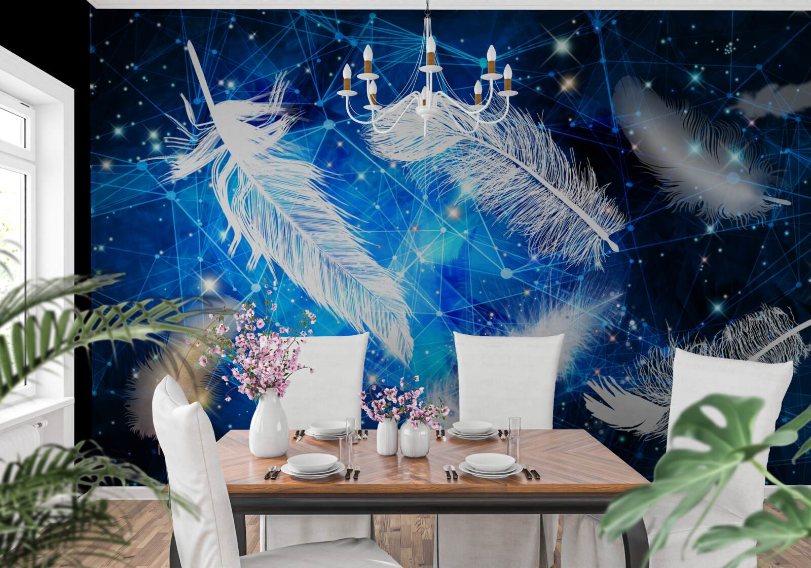 Papier peint ciel étoilé comme toile de fond pour les plumes blanches