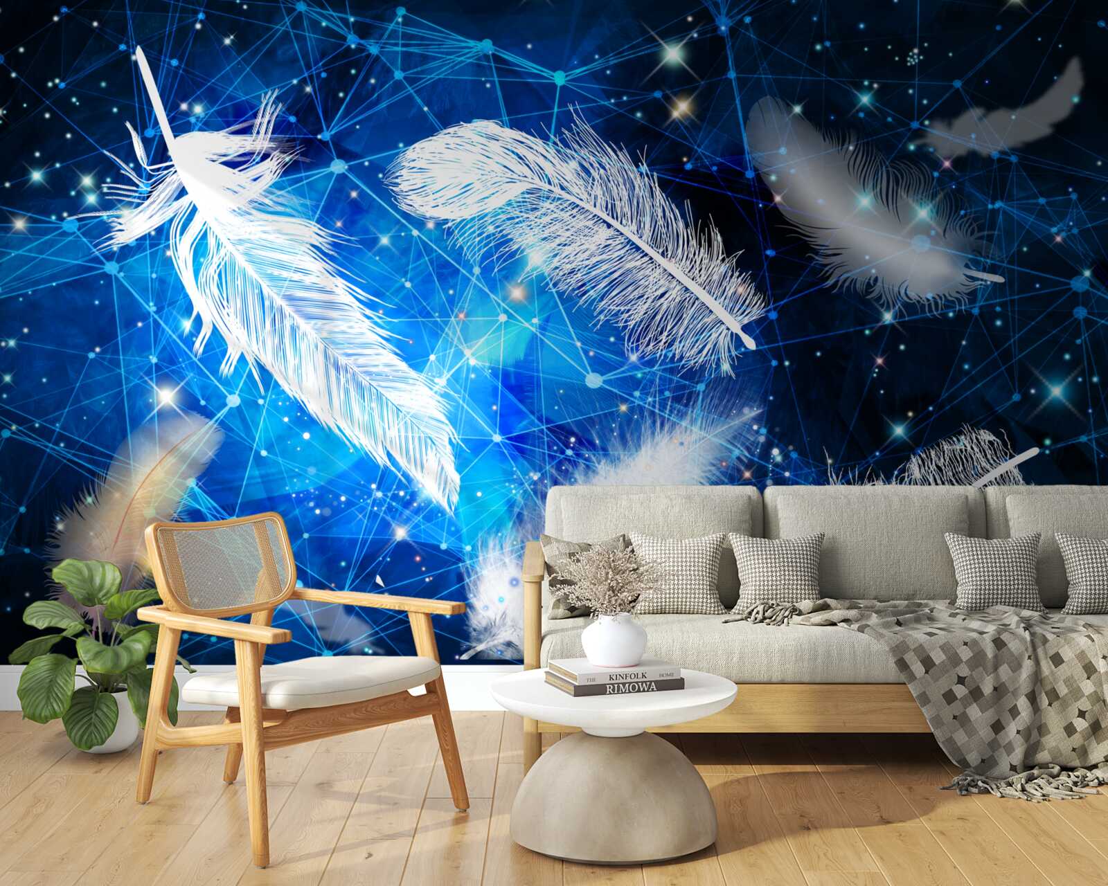 Papier peint ciel étoilé comme toile de fond pour les plumes blanches